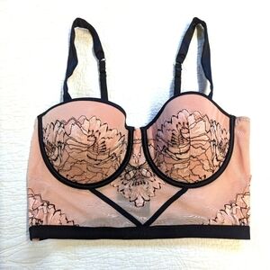 Auden Long line Bra Bustier  Sheer Pink Mesh with Floral Lace M coquette